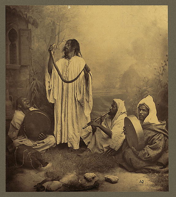 Snake Charmers, Morocco, Tangiers, late 1800s. Photo by Tancrède Dumas (public domain).